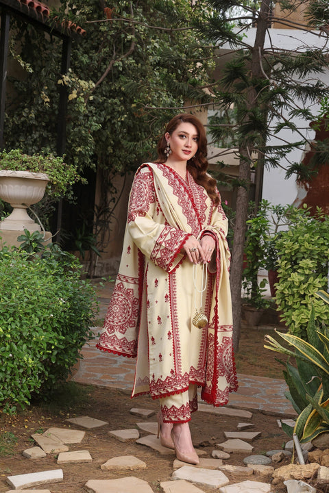 ANEELAS - 3PC DHANAK EMBROIDERED SHIRT WITH EMBROIDERTED SHAWL AND TROUSER - Asa-5B