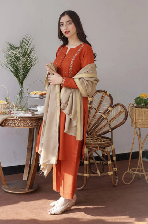 AISLING - 3PC DHANAK EMBROIDERED SHIRT WITH DHANAK PRINTED SHAWL AND TROUSER- KPR 1326