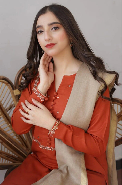 AISLING - 3PC DHANAK EMBROIDERED SHIRT WITH DHANAK PRINTED SHAWL AND TROUSER- KPR 1326