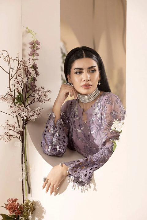 LAVISH - 3PC UNSTITCHED CHIFFON EMBROIDERED WITH EMBROIDERED DUPATTA AND TROUSER - Mauve