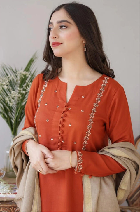 AISLING - 3PC DHANAK EMBROIDERED SHIRT WITH DHANAK PRINTED SHAWL AND TROUSER- KPR 1326