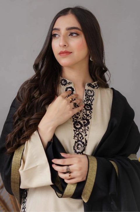 AISLING - 3PC DHANAK EMBROIDERED SHIRT WITH DHANAK PRINTED SHAWL AND TROUSER- KPR 1327