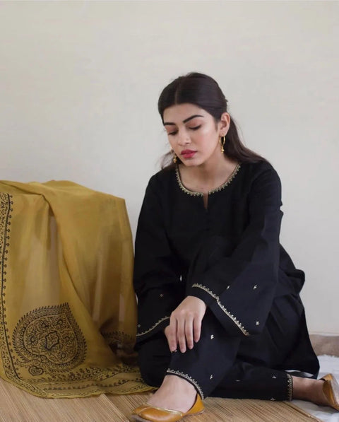 AISLING - 3PC DHANAK EMBROIDERED SHIRT WITH DHANAK PRINTED SHAWL AND TROUSER - KPR1140