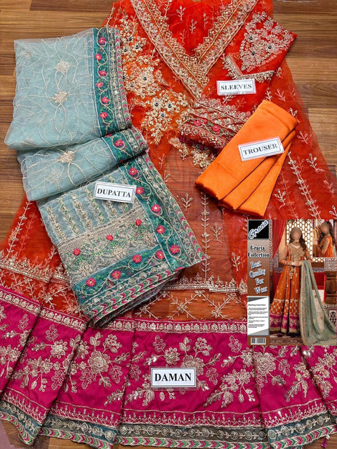 Maria B - Unstitched MBROIDERED - Burnt Orange, Fuchsia Pink (BD-2506)