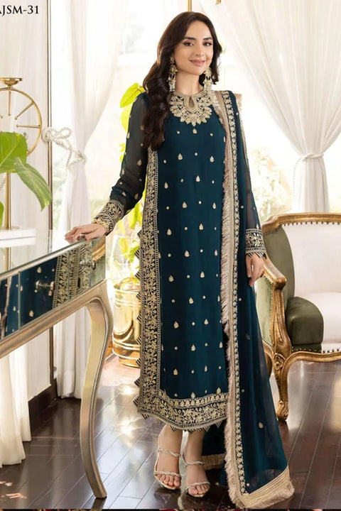 Asim jofa - 3PC CHIFFON EMBROIDERED WITH EMBROIDERED DUPATTA AND TROUSER - GRN-1