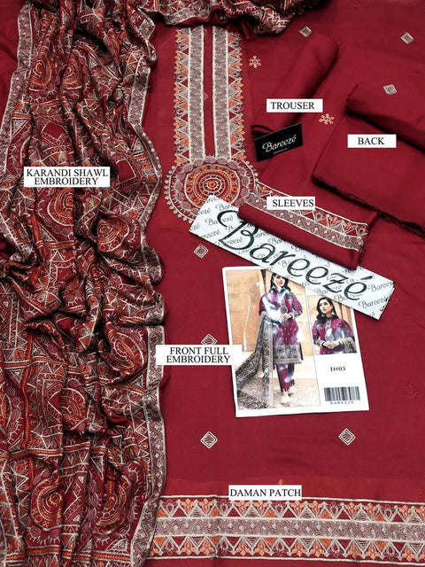 Bareeze - 3PC DHANAK EMBROIDERED SHIRT DHANAK HEAVY EMBROIDERED SHAWL DUPATTA AND TROUSER - KPR 038