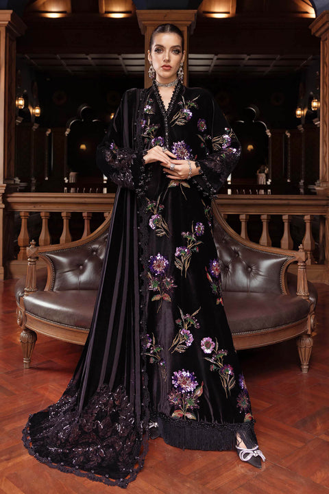 Maria B - 3 Piece Unstitched Dhanak Embroidered Shirt Embroidered Velvet Shawl  WL-1306-Black and Purple