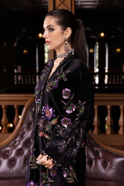 Maria B - 3 Piece Unstitched Dhanak Embroidered Shirt Embroidered Velvet Shawl  WL-1306-Black and Purple
