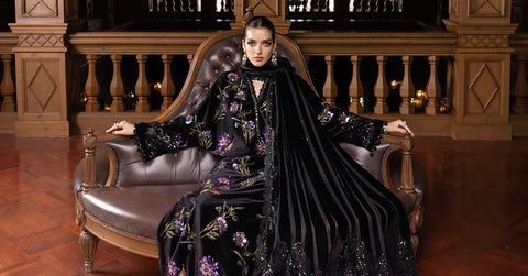 Maria B - 3 Piece Unstitched Dhanak Embroidered Shirt Embroidered Velvet Shawl  WL-1306-Black and Purple