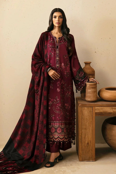 ETHNC - 3PC DHANAK EMBROIDERED SHIRT WITH TWILL PRINTED SHAWL AND TROUSER - KPR-1928