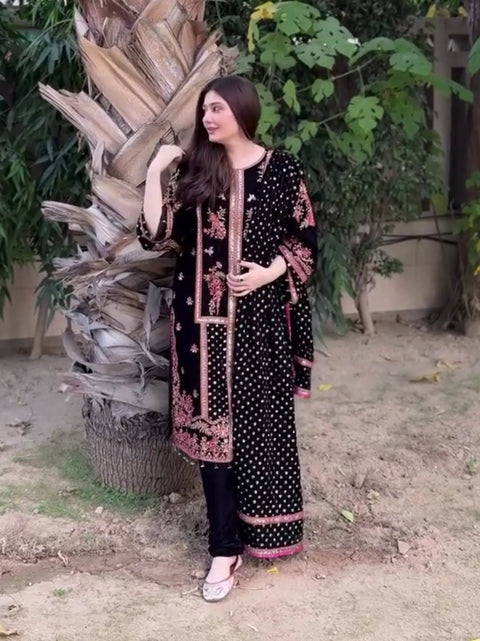 Aneelas Luxury Velvet Suit 3 Piece Unstitched - Oceans