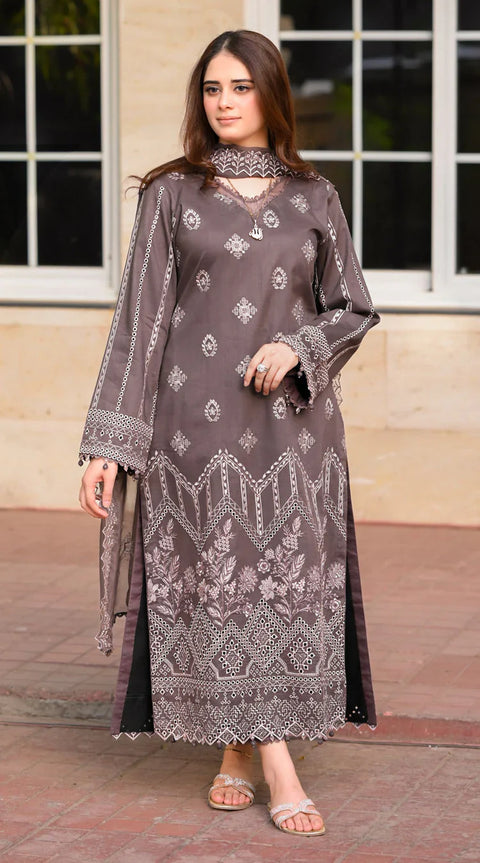 LIBAAS - 3PC DHANAK EMBROIDERED SHIRT WITH DHANAK EMBROIDERED SHAWL AND TROUSER -KPR-2005