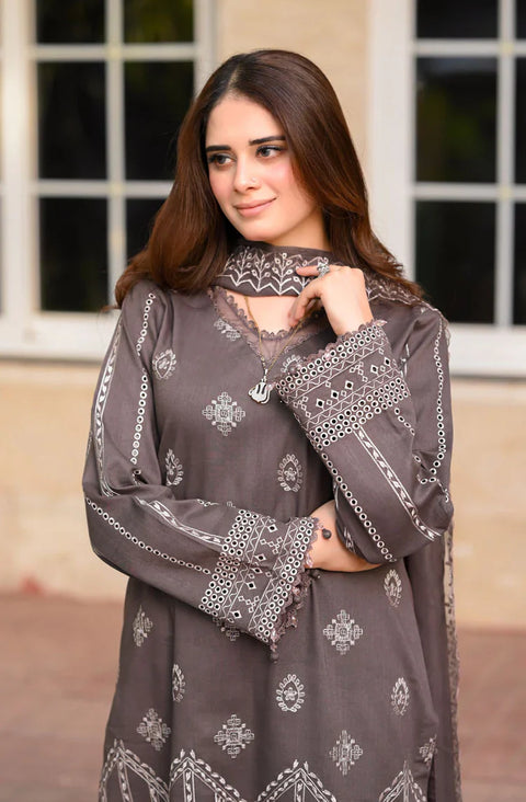 LIBAAS - 3PC DHANAK EMBROIDERED SHIRT WITH DHANAK EMBROIDERED SHAWL AND TROUSER -KPR-2005