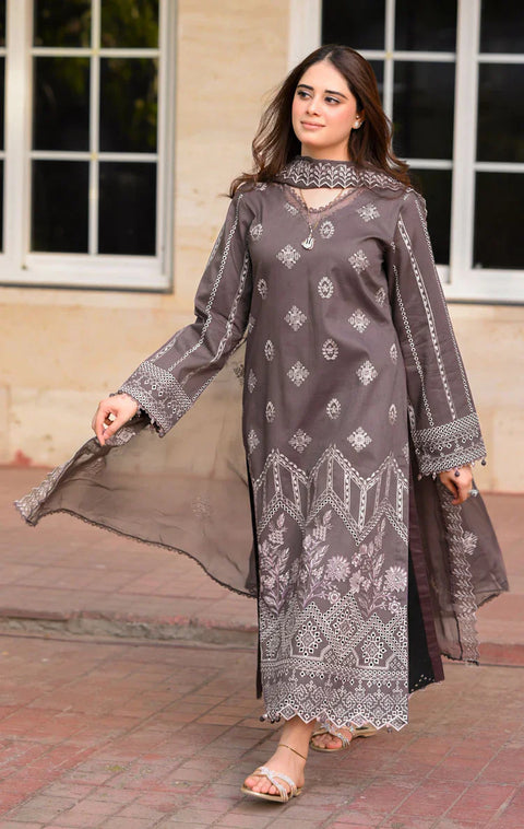 LIBAAS - 3PC DHANAK EMBROIDERED SHIRT WITH DHANAK EMBROIDERED SHAWL AND TROUSER -KPR-2005