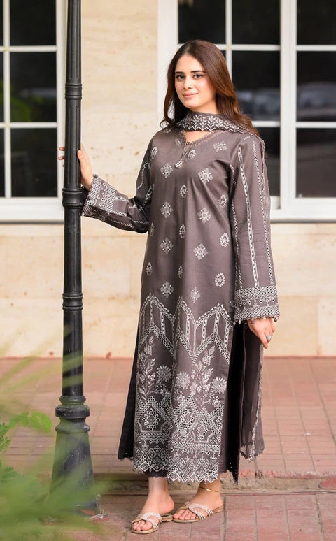 LIBAAS - 3PC DHANAK EMBROIDERED SHIRT WITH DHANAK EMBROIDERED SHAWL AND TROUSER -KPR-2005