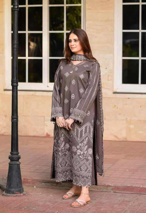 LIBAAS - 3PC DHANAK EMBROIDERED SHIRT WITH DHANAK EMBROIDERED SHAWL AND TROUSER -KPR-2005