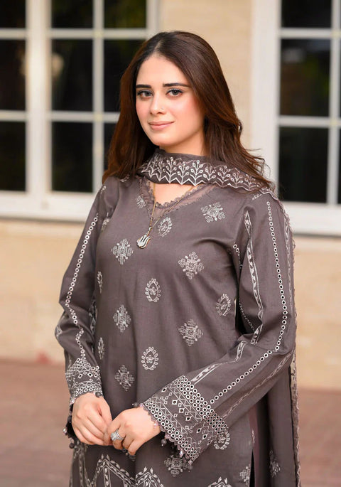 LIBAAS - 3PC DHANAK EMBROIDERED SHIRT WITH DHANAK EMBROIDERED SHAWL AND TROUSER -KPR-2005