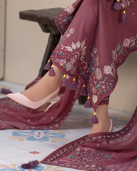 ZARA SHAHJAHAN- 3PC DHANAK EMBROIDERED SHIRT WITH DHANAK EMBROIDERED DUPATTA AND COTTON TROUSER - AL-992