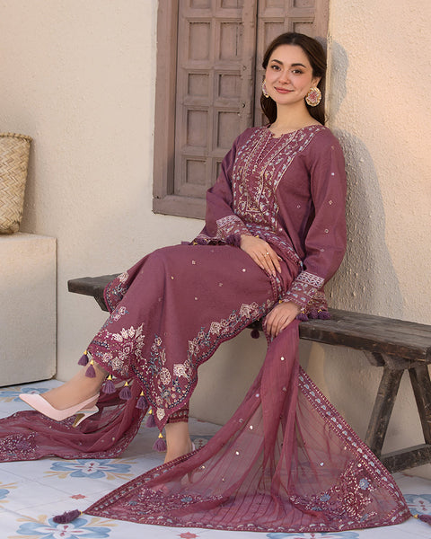 ZARA SHAHJAHAN- 3PC DHANAK EMBROIDERED SHIRT WITH DHANAK EMBROIDERED DUPATTA AND COTTON TROUSER - AL-992