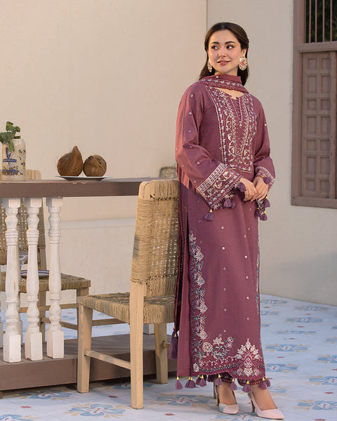 ZARA SHAHJAHAN- 3PC DHANAK EMBROIDERED SHIRT WITH DHANAK EMBROIDERED DUPATTA AND COTTON TROUSER - AL-992