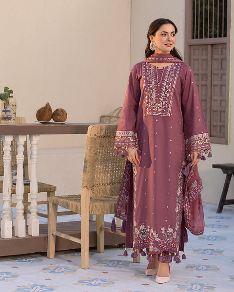 ZARA SHAHJAHAN- 3PC DHANAK EMBROIDERED SHIRT WITH DHANAK EMBROIDERED DUPATTA AND COTTON TROUSER - AL-992