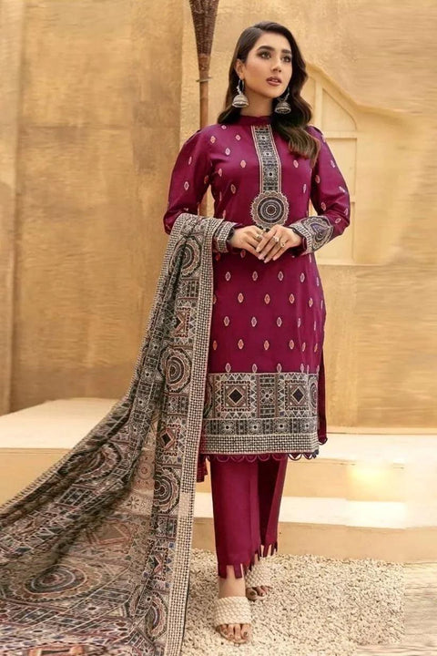 Bareeze - 3PC DHANAK EMBROIDERED SHIRT DHANAK HEAVY EMBROIDERED SHAWL DUPATTA AND TROUSER - KPR 038