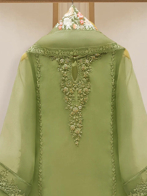 3 Piece Organza Embroidered Dress, GR-16 in Pista Green