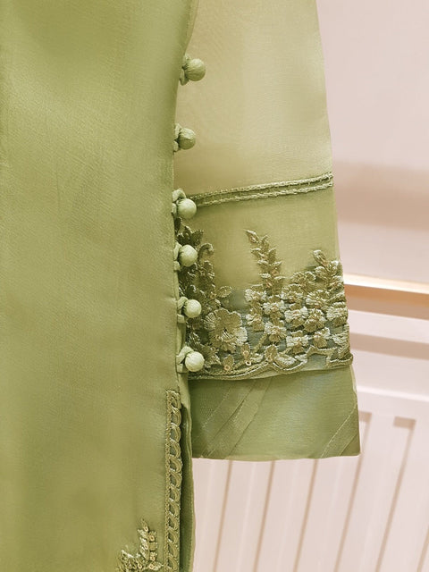 3 Piece Organza Embroidered Dress, GR-16 in Pista Green