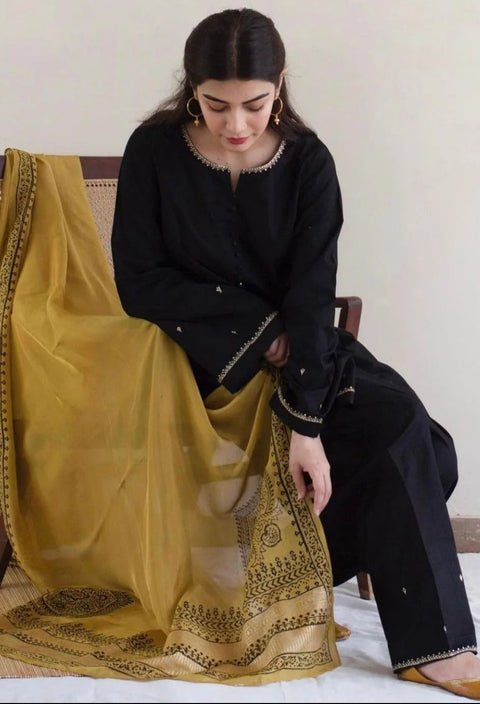 AISLING - 3PC DHANAK EMBROIDERED SHIRT WITH DHANAK PRINTED SHAWL AND TROUSER - KPR1140