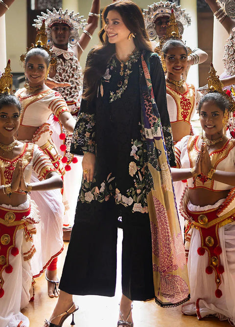 MUSHQ - 3PC DHANAK EMBROIDERED SHIRT WITH TWILL PRINTED SHAWL AND TROUSER - Q25ML D-216