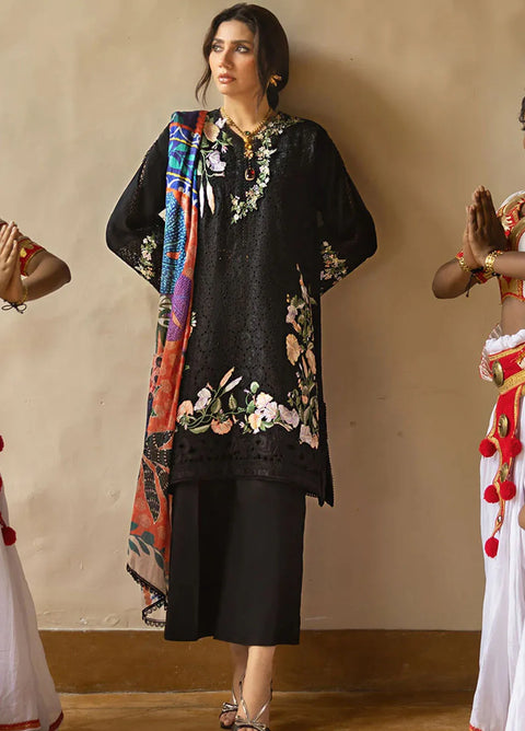 MUSHQ - 3PC DHANAK EMBROIDERED SHIRT WITH TWILL PRINTED SHAWL AND TROUSER - Q25ML D-216