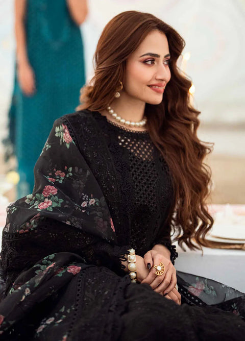 NUREH - 3PC LAWN EMBROIDERED SHIRT WITH ORGANZA CUTWORK EMBROIDERED DUPATTA AND TROUSER -NU25KE